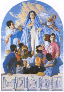 L’icona della Madonna del Manto si trova nel cortile della parrocchia dei Santi Fabiano e Venanzio (Roma).